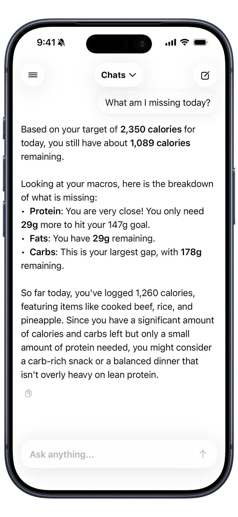 Totopo chat answering what is missing today with remaining calories and macro gaps