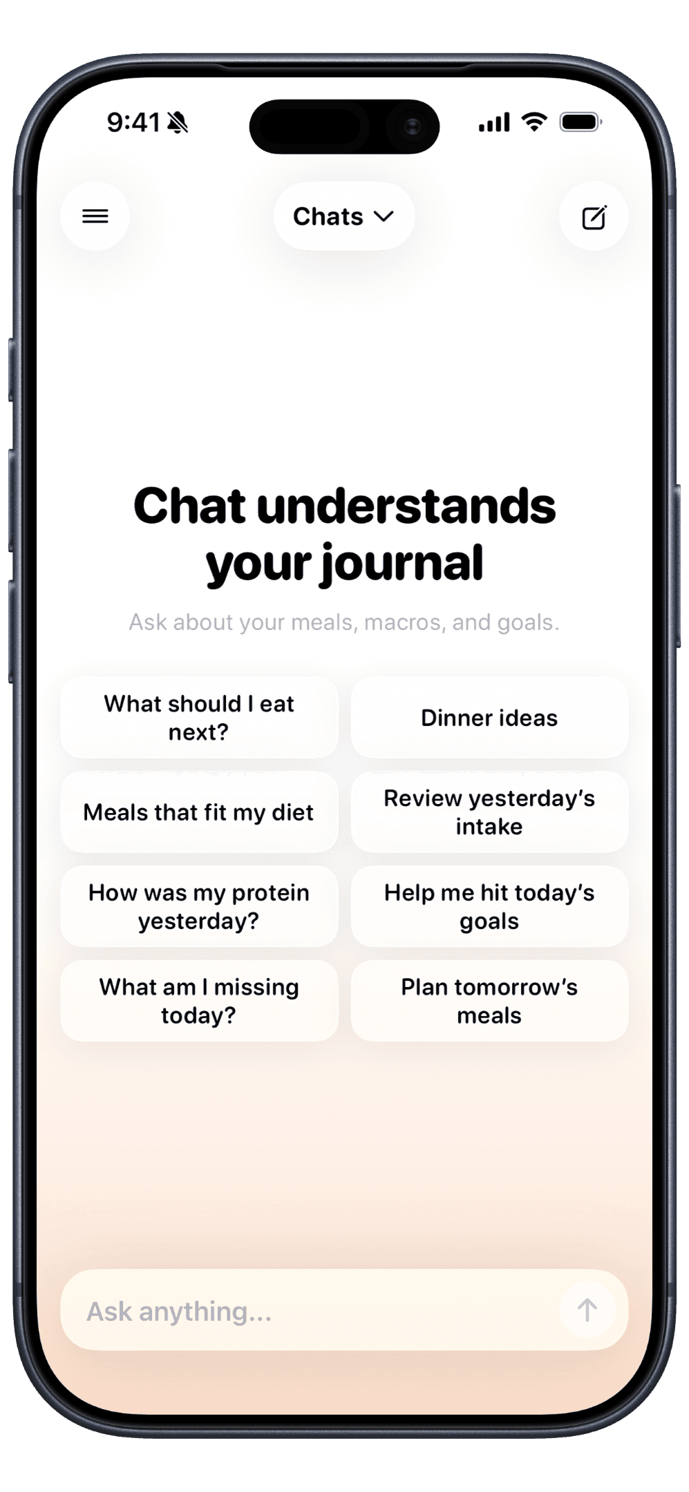 Totopo chat home with suggested questions about meals, macros, and goals