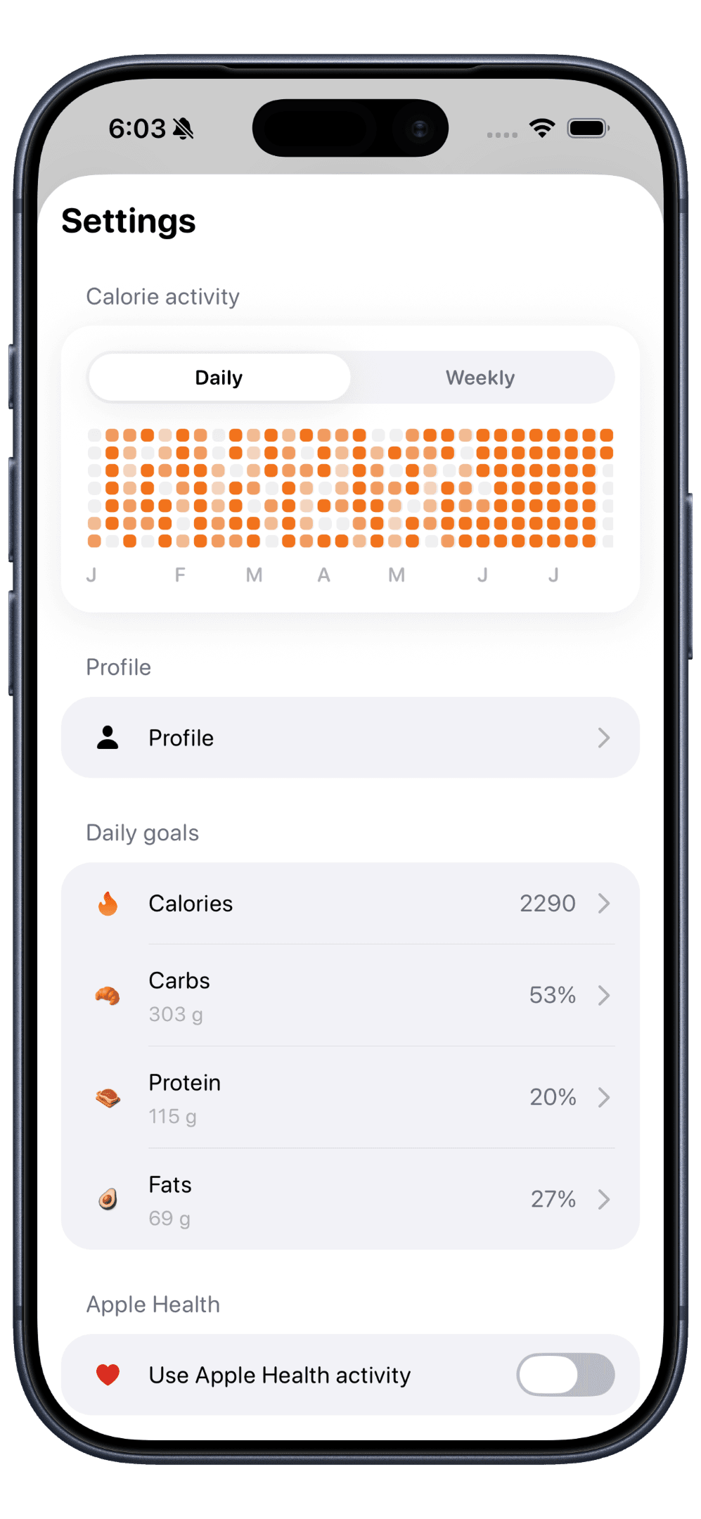 Totopo settings with a calorie activity heatmap, daily calorie and macro goals, and an Apple Health toggle
