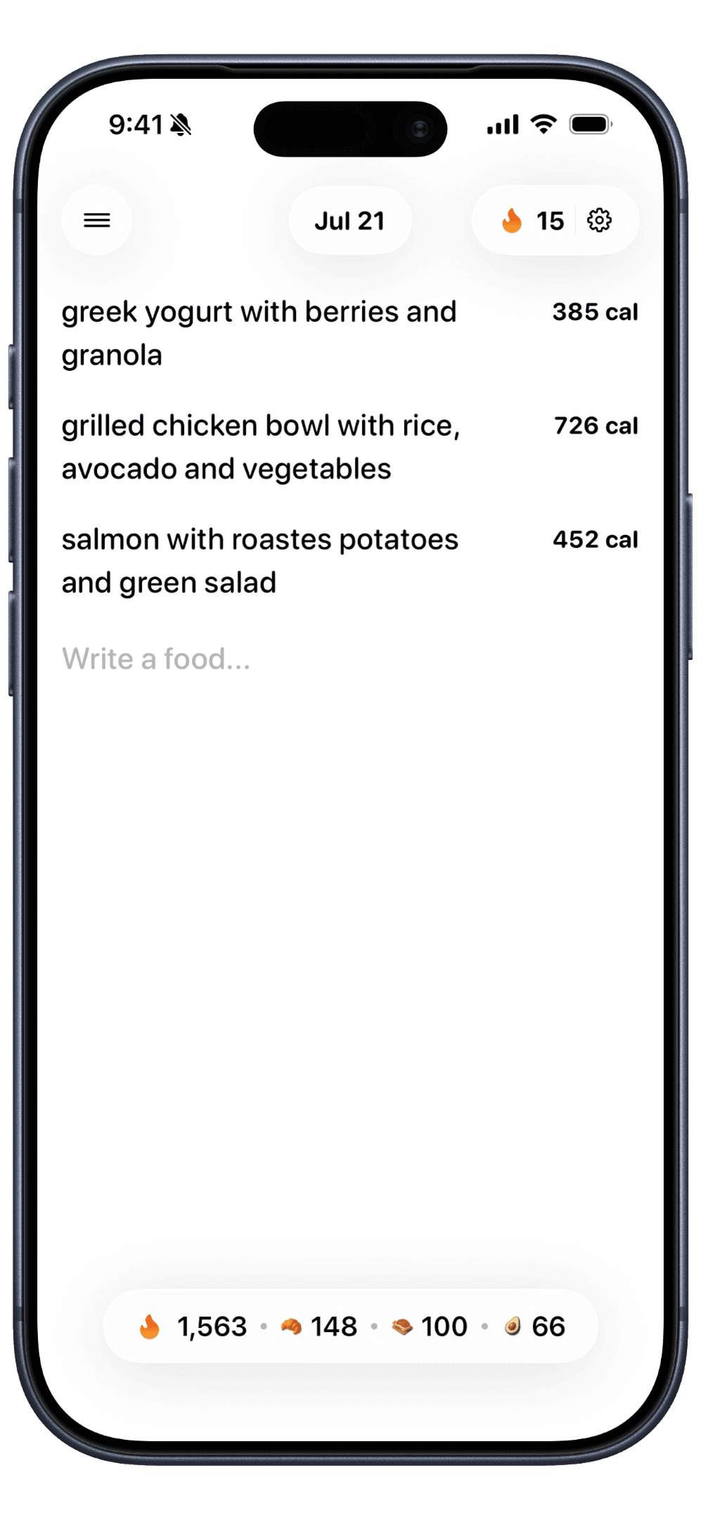 Totopo journal listing meals written in plain language with calories and a daily totals bar