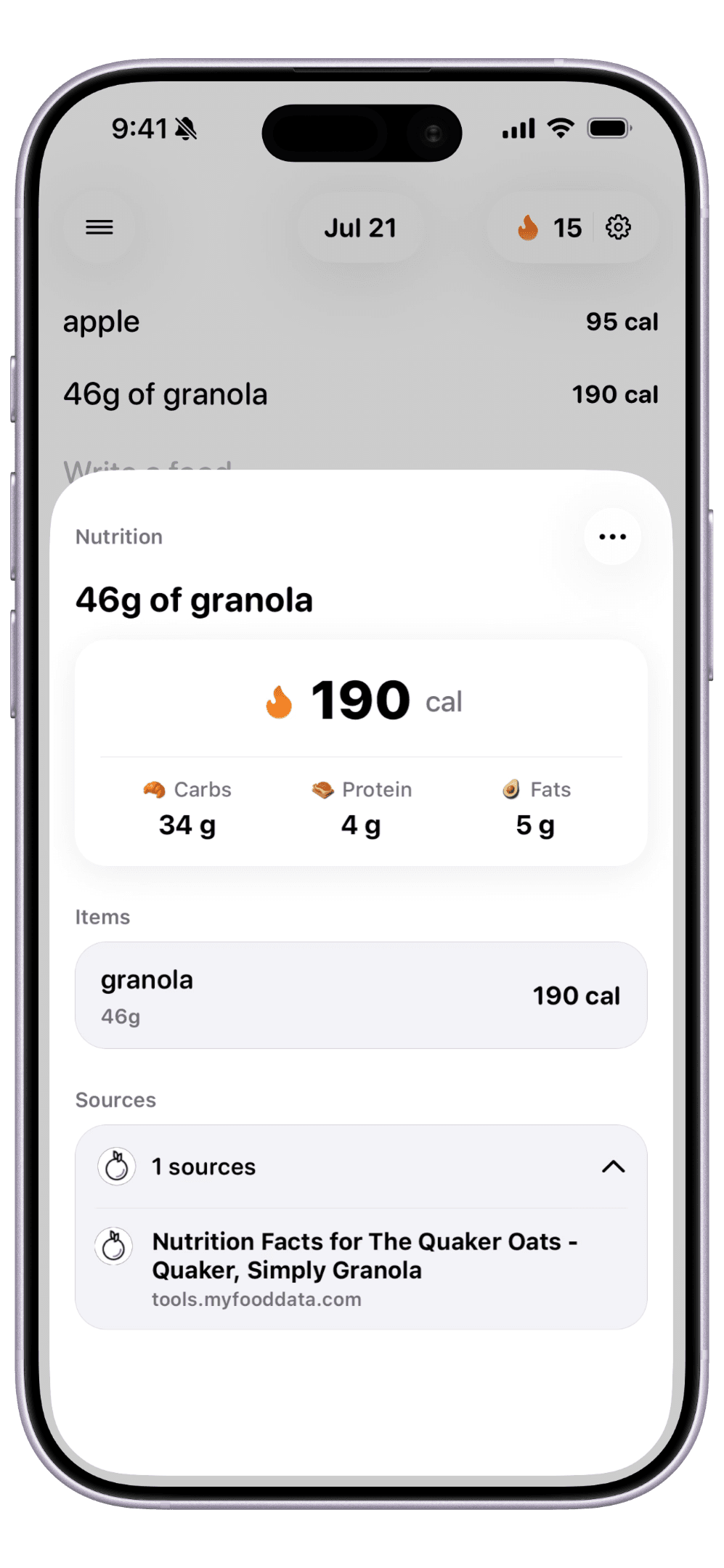 Totopo nutrition sheet for granola showing calories, macros, items, and the source it used